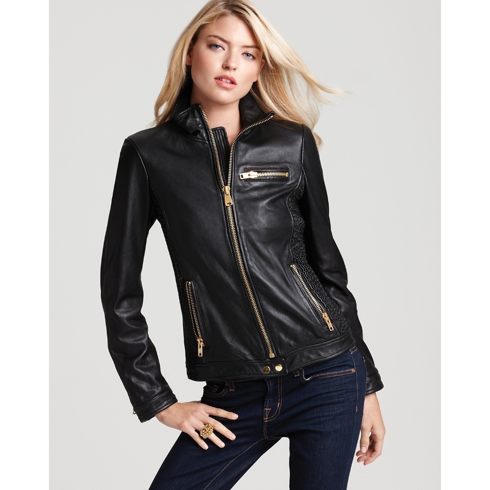 Via Spiga Gold Zip Black Leather Jacket - Medium